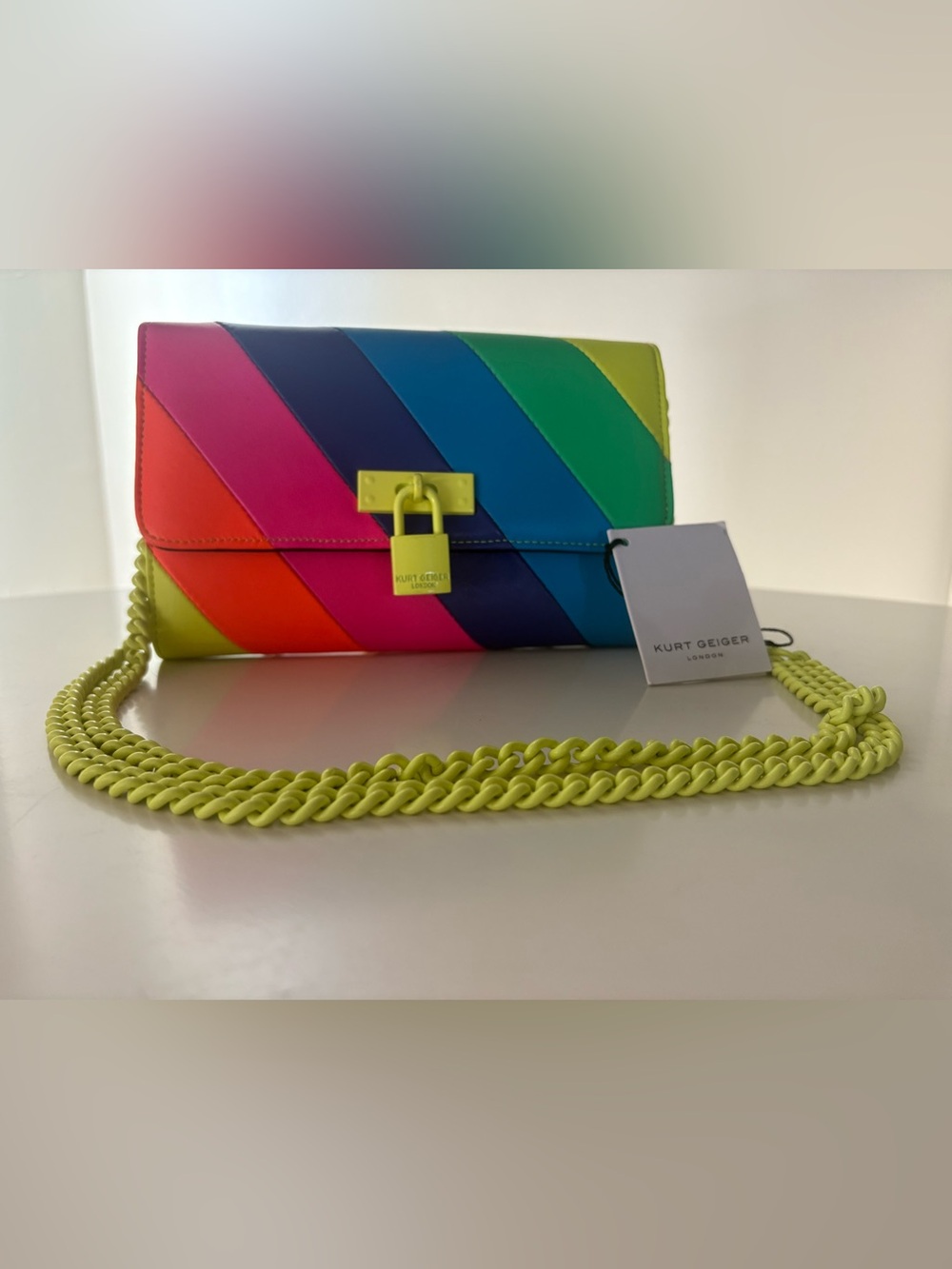 NWT Kurt Geiger London Brixton Chain Wallet Crossbody Bag – Neon Rainbow Stripe